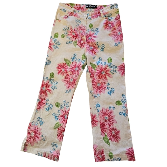 Yun Mei Cotten Blend Capri Pants, Small, White/Pink Floral Print - Picture 1 of 8